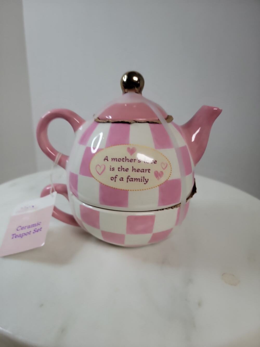 Mother Ceramic Teapot Set Pink White Checkered New Gift Tea Pot Set New & Unused